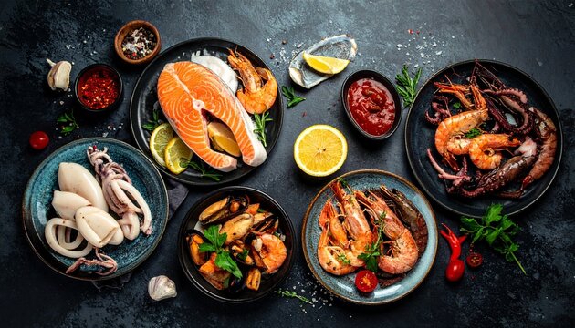 A variety of seafood dishes are arranged on a dark table with plates and condiments.