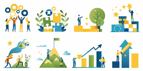 Illustrations depicting teamwork success growth and achievement concepts
