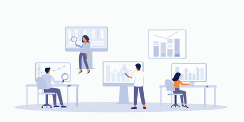 Team analyzing data and charts with modern technology in office