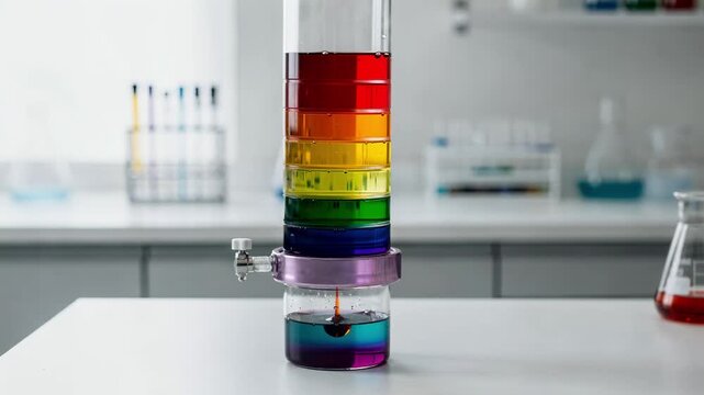 Medium shot of a glass dye purification column with vibrant liquid layers separating intermediates in a bright lab environment.