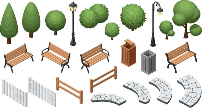 A collection of isometric park elements including trees, benches, street lamps, fences, and pathways for graphic design.