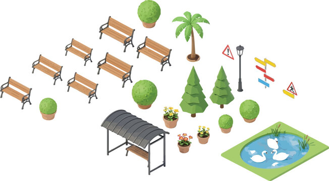 Detailed isometric collection of park and street elements including benches, trees, pond, signs, and bus stop shelter on a white background.