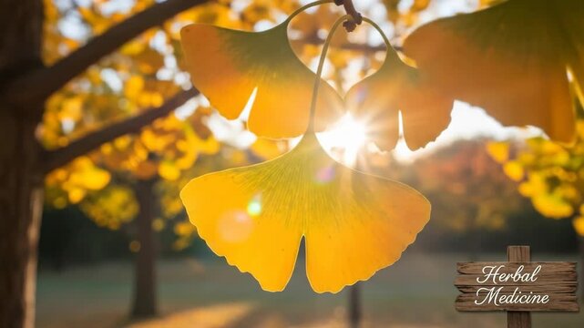 A serene scene of golden ginkgo leaves hanging from a tree branch