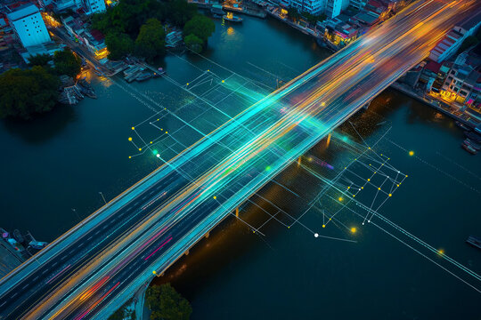 Advanced IoT sensors and devices tracking and analyzing the progress of a bridge construction project over a river providing real time data and insights to optimize the infrastructure development