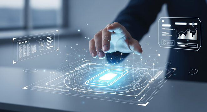 Professional hand touching futuristic digital interface hologram with data charts isolated on transparent background