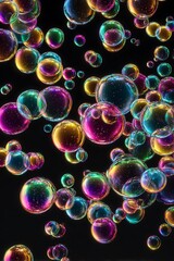 Fototapeta premium Vibrant rainbow bubbles floating on black background