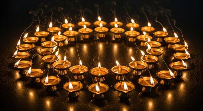 Warm golden diyas lit in a circular pattern on dark surface
