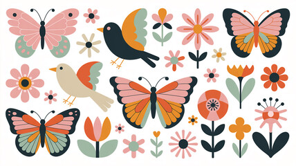 Fototapeta premium Cute summer vector illustration set of a seamless nature pattern with yellow butterflies and floral spring flowers for a decorative garden wallpaper art design