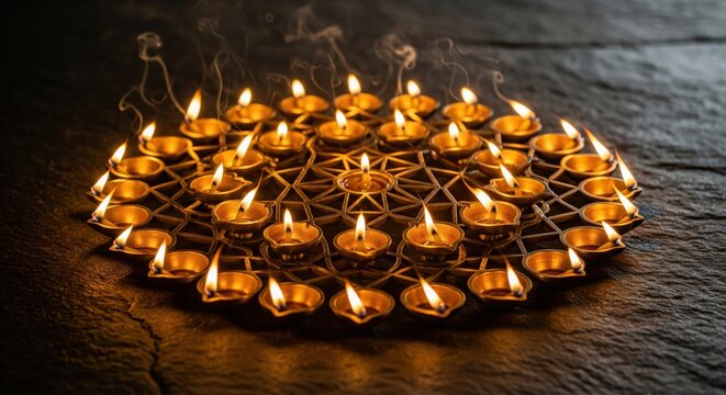 Golden diyas burning brightly in intricate circular pattern