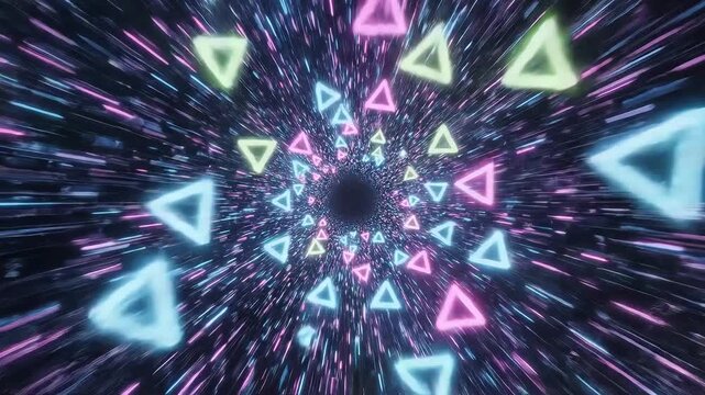 Abstract Neon Triangle Tunnel Warp Speed Motion Background.