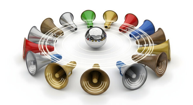 A circle of colorful megaphones surround a metallic sphere, symbolizing communication and announcements.