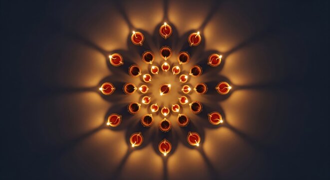 Beautifully lit diyas arranged in a circular pattern