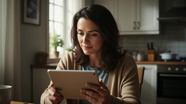 Home lifestyle and relaxation in a cozy kitchen setting with woman browsing recipes on tablet device during morning breakfast time Wellbeing comfort and contentment with smiling female enjoying