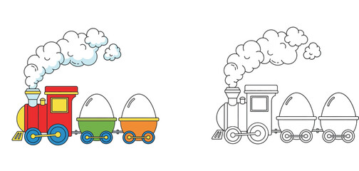 Naklejka premium Cartoon Steam Train Carrying Easter Eggs Vector Illustration Set - Colored and Line Art Versions for Kids Coloring Book and Transport Theme Design Isolated on White Background
