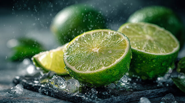 Fresh Sliced Limes with Splashing Water and Ice Cubes
