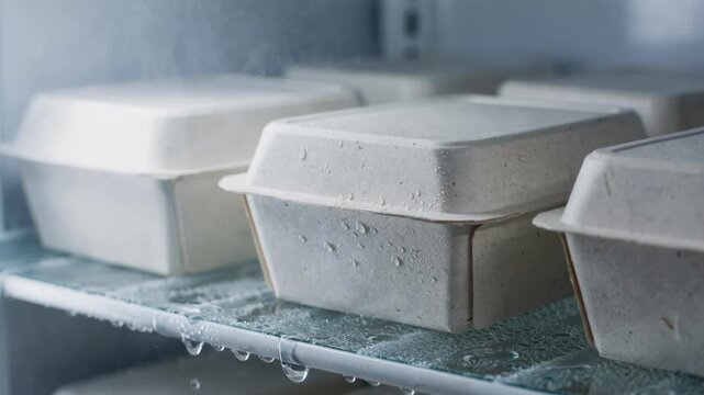 Medium shot of chilled food cartons made from compostable biobased barrier paperboard highlighting ecofriendly plantbased coatings for sustainable refrigeration packaging.