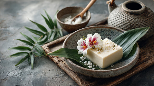 Natural Spa Essentials: Soap, Tropical Flowers, and Wellness Elements