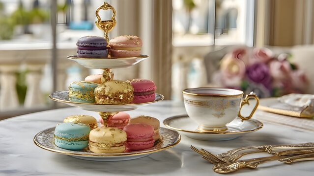 Luxury Afternoon Tea Set with Colorful French Macarons Decorated with Edible Gold Leaf on Three-Tiered Stand