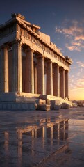 Obraz premium Ancient Greek Temple Ruins at Sunset Reflection