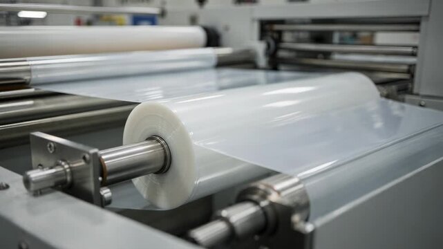 Medium shot of thermal lamination pouch production showing glossy film sheets precisely laminated and heatsealed for highquality protective finishes.
