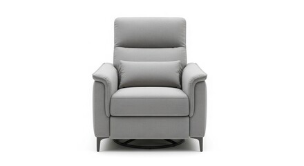 Fototapeta premium Modern Gray Minimalist Fabric Recliner Armchair with Lumbar Pillow Product Shot isolated on White Background