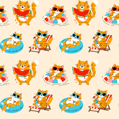 Obraz premium Cute Summer Cats Pattern with Sunglasses, Watermelons, and Pool Floats