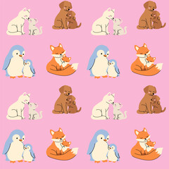 Obraz premium Cute Animal Family Pattern with Cats, Dogs, Foxes, and Penguins