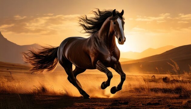 Majestic Horse Galloping Freely at Sunset - A Symbol of Freedom.