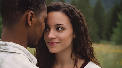 Fototapeta premium A couple shares a tender intimate moment in a beautiful natural setting