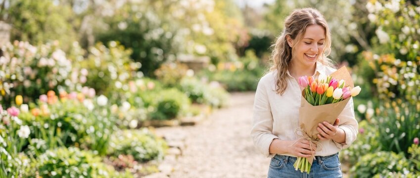 Smiling woman with flowers, a vibrant multi colored tulip bouquet, standing outdoors on a charming garden path during a bright sunny spring day. Cheerful woman with flowers enjoys natural setting,