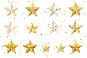 Obraz premium Gold and white shiny stars with falling glitter, 3d render illustrating success, achievement, reward, and premium decoration on transparent background