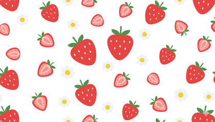 Sweet strawberry seamless pattern with white daisy flowers on transparent background healthy food vector design. © Mst Fateha Begum