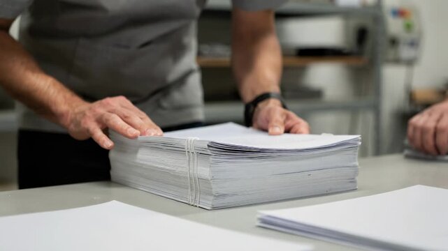 Worker manually examining printed pages for binding integrity and surface imperfections under bright lighting highlighting handson quality assurance in smallscale manufacturing.