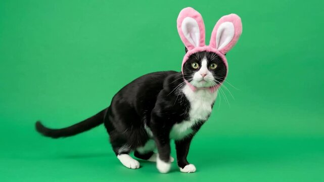 Black white cat wearing pink bunny ears headband sitting looking curious easter pet costume funny on green screen chroma key alpha channel background	