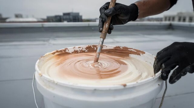 Medium shot captures tinted elastomeric roof coating being blended emphasizing seamless color customization and enhanced flexibility for weatherproof roofing solutions.