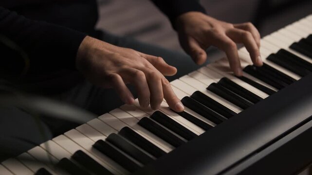 Beginner pianist, male hands practicing on a electronic piano keyboard at home