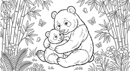 Fototapeta premium A panda hugs its cub in a bamboo forest, surrounded by flowers and butterflies.