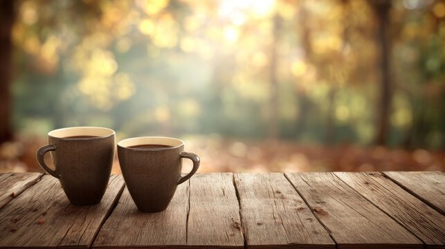 Two brown coffee cups on wooden table with blurred autumn background