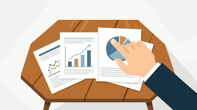 Hand pointing at financial growth charts and pie diagrams on wooden table
