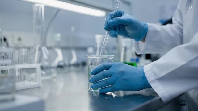 Medium shot of scientist stirring biobased esters in a small reactor highlighting sustainable lubricant production in a controlled laboratory environment.
