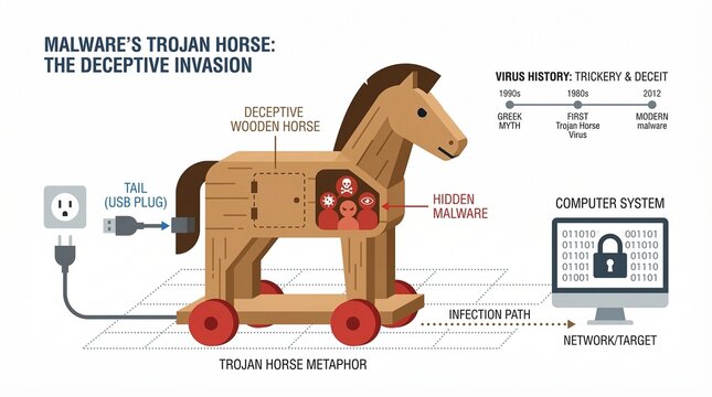 Malware's Trojan Horse Deceptive Invasion Infographic Vector Illustration with Hidden Malware and Computer System Target