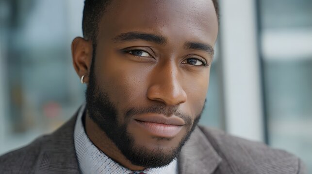 Confident Black man professional portrait with beard and earring in business suit