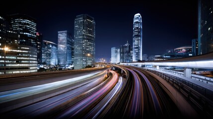 Fototapeta premium Cityscape at night with illuminated skyscrapers and traffic trails