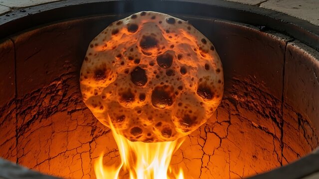 Freshly baked naan bread puffing up and cooking in hot tandoor oven with flames and glowing embers