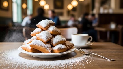 Stack of powdered sugar beignets on white plate with coffee in busy cafe setting