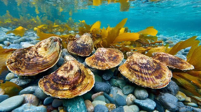 Fresh oysters in their shells displayed underwater
