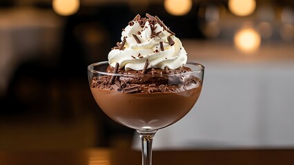 rich chocolate mousse dessert topped with whipped cream and chocolate shavings in a glass