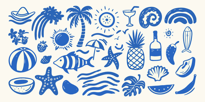 Blue summer doodles featuring tropical fruits marine life and beach items