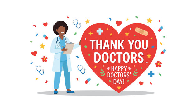 Smiling doctor standing next to Thank You Doctors banner on Doctors' Day