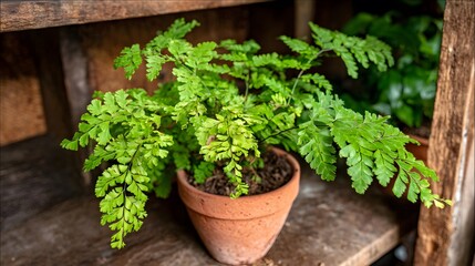 Fototapeta premium Maidenhair fern in terracotta pot displaying green leaves